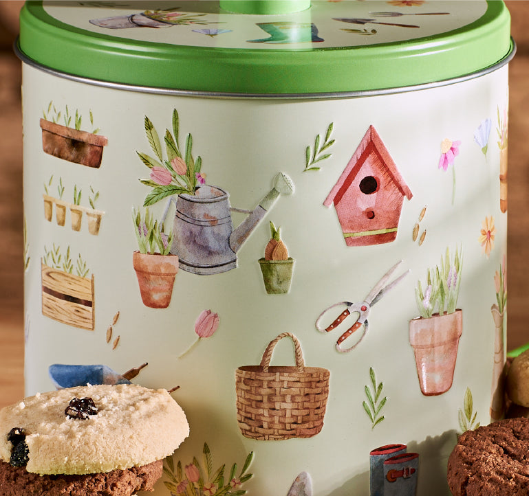 Embossed Pottering Garden Round Tin