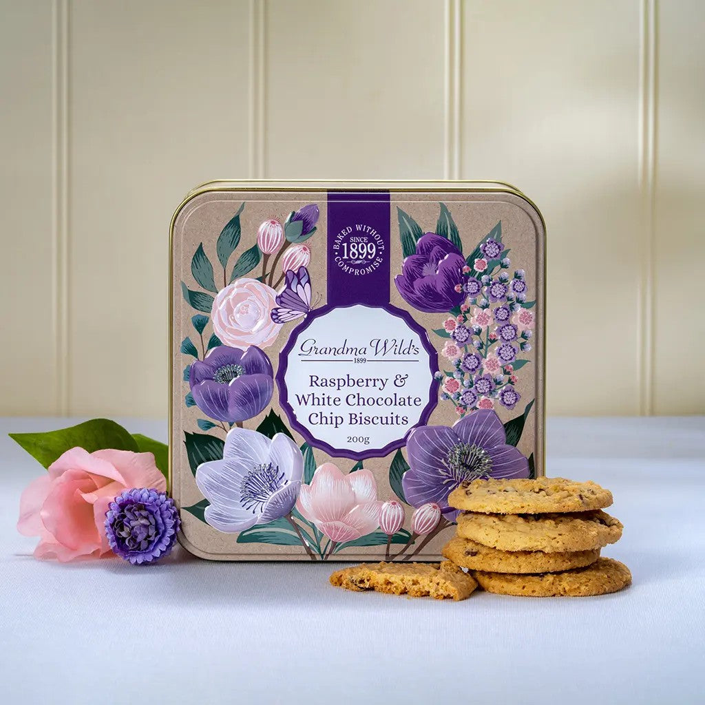 Embossed Botanical Floral Tin Raspberry & White Chocolate Chip