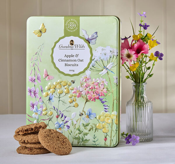 Embossed Wildflower Meadow Tin Apple & Cinnamon Oat Biscuits