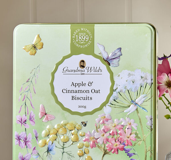 Embossed Wildflower Meadow Tin Apple & Cinnamon Oat Biscuits - Image 2