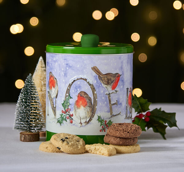 Embossed Robin Noel Barrel Tin